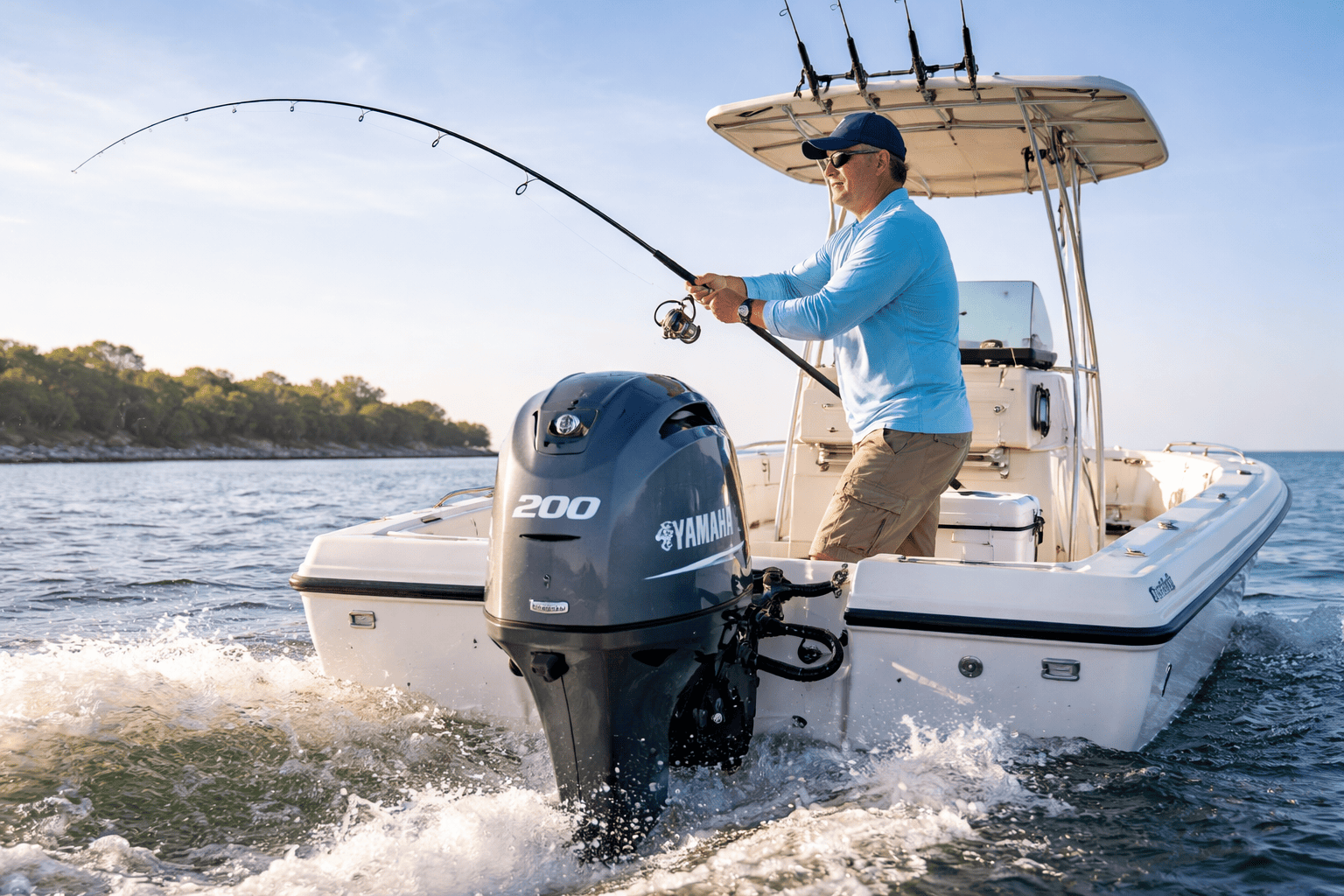 Angler fishing from boat with Yamaha 200HP In-Line 4 outboard motor — Yamaha outboards for sale at Boat Engine LLC New York