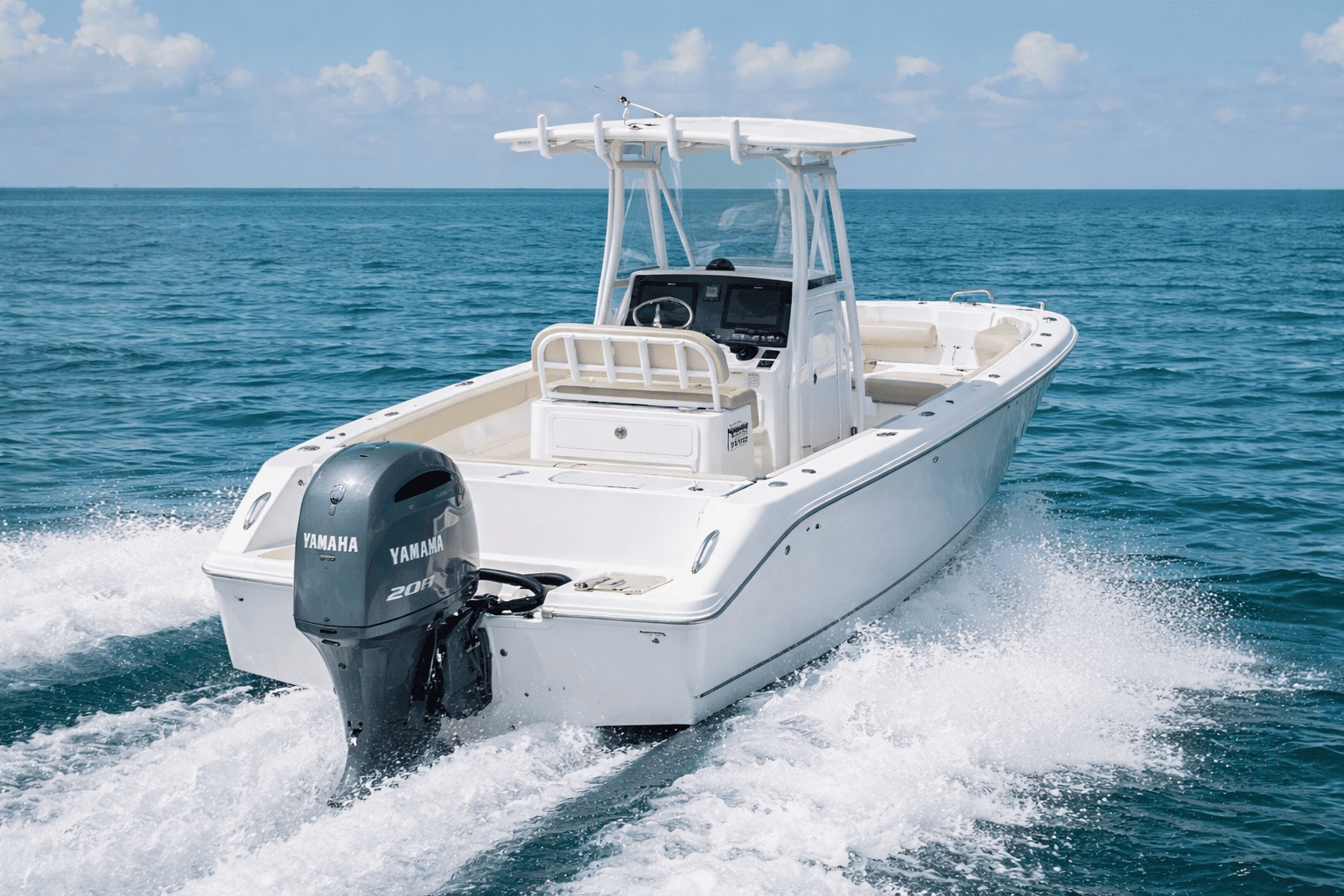 Boat with Yamaha 200HP outboard motor on open water — Yamaha outboard motors for sale at Boat Engine LLC New York