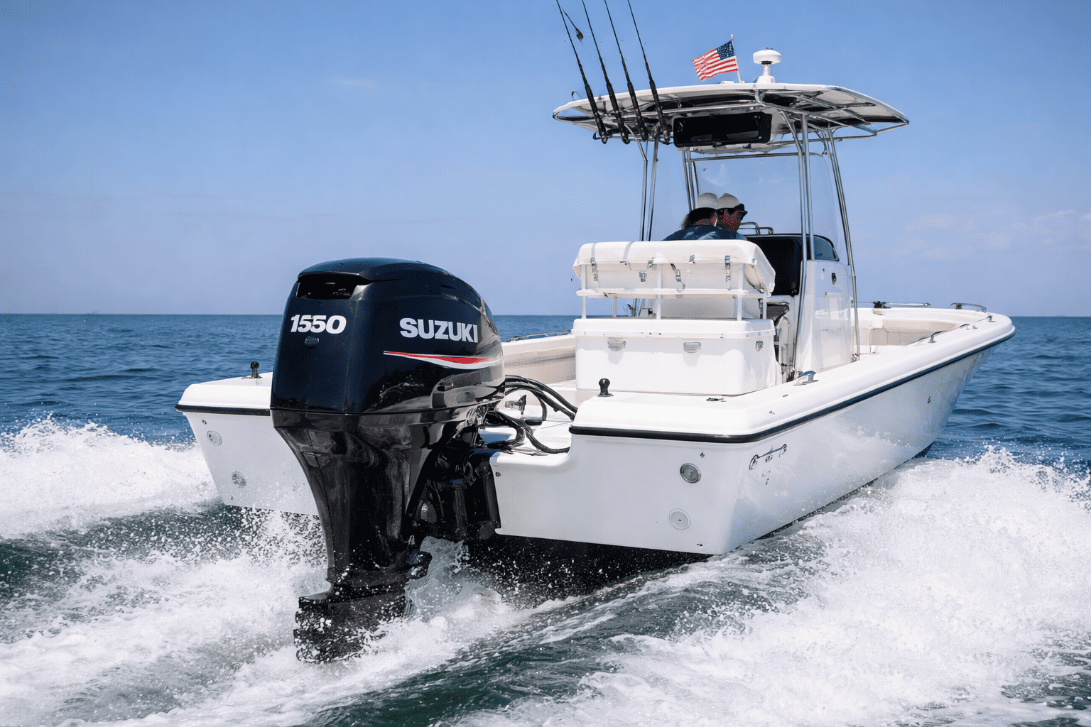 Fishing boat powered by Suzuki midrange DF series outboard motor — shop Suzuki midrange outboards at Boat Engine LLC
