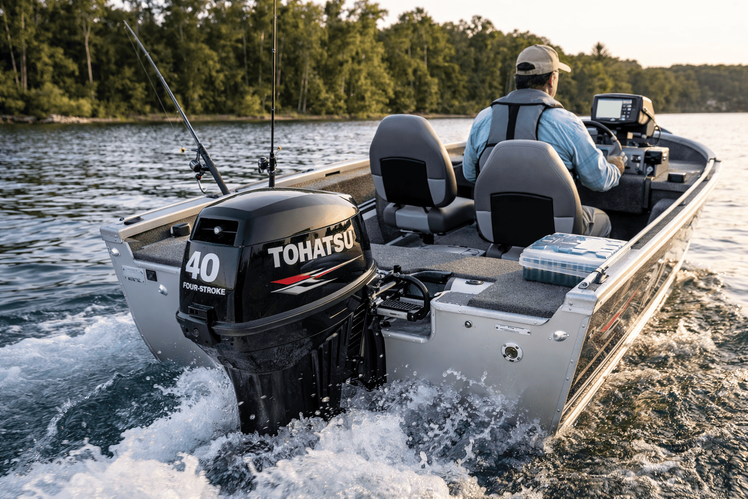 Fishing boat powered by Tohatsu midrange MFS series outboard motor — shop Tohatsu midrange outboards at Boat Engine LLC
