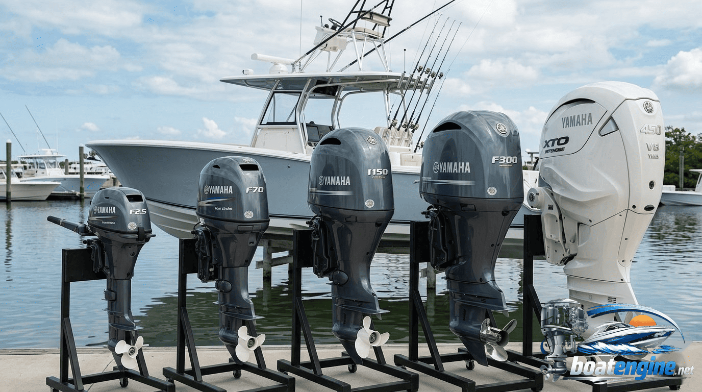 Yamaha four stroke outboard motor on a fishing boat — four stroke outboard motors for sale at Boat Engine LLC