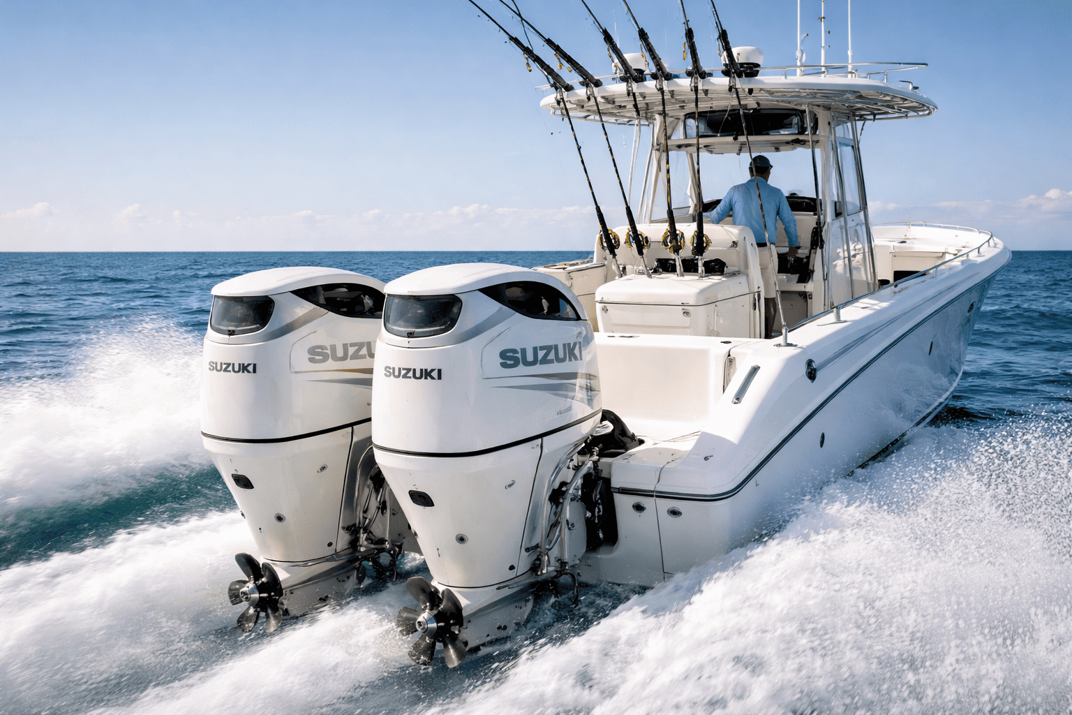 Offshore sportfishing boat powered by Suzuki DF350A dual-prop outboard motors — shop Suzuki offshore outboards at Boat Engine LLC New York
