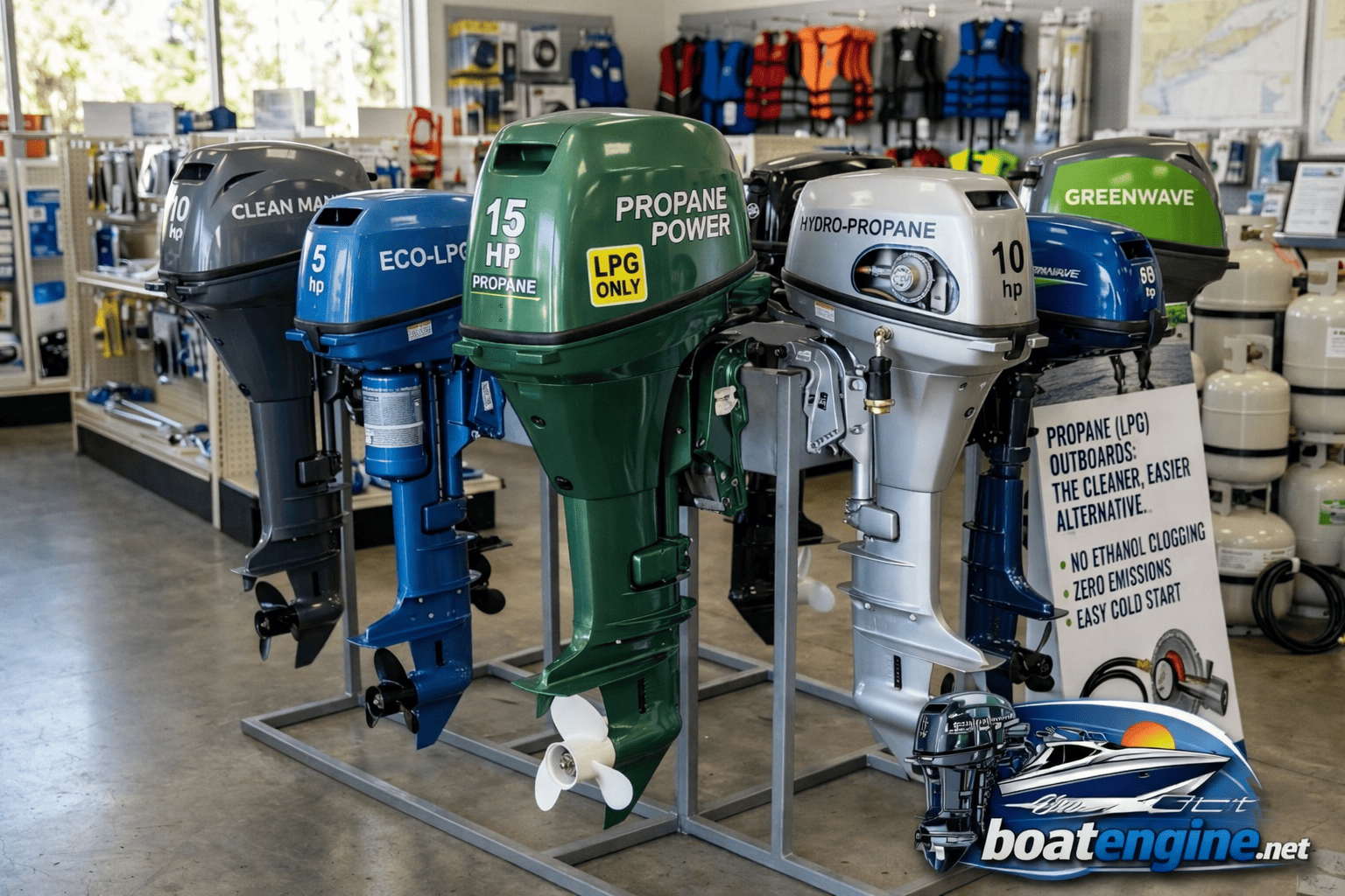Propane LPG outboard motor on a boat — propane outboard motors for sale at Boat Engine LLC