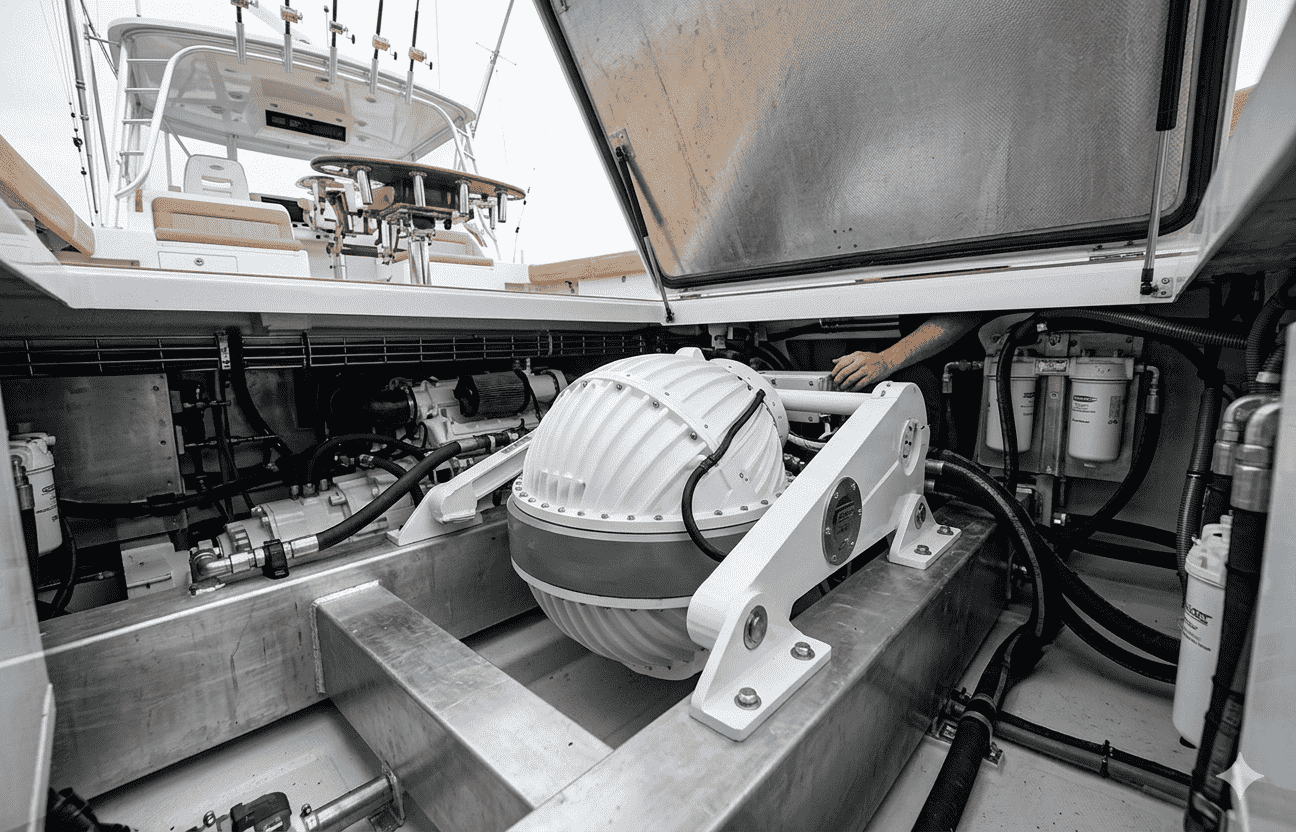 Seakeeper gyrostabilizer installed on offshore sportfishing boat