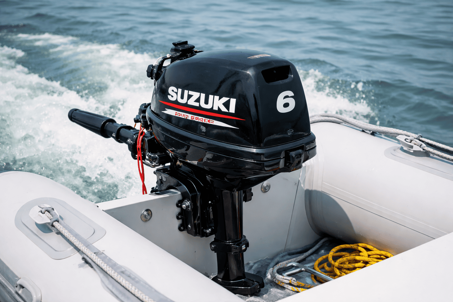 Suzuki DF series portable 4-stroke outboard motor on small boat — shop Suzuki portable outboards at Boat Engine LLC New York