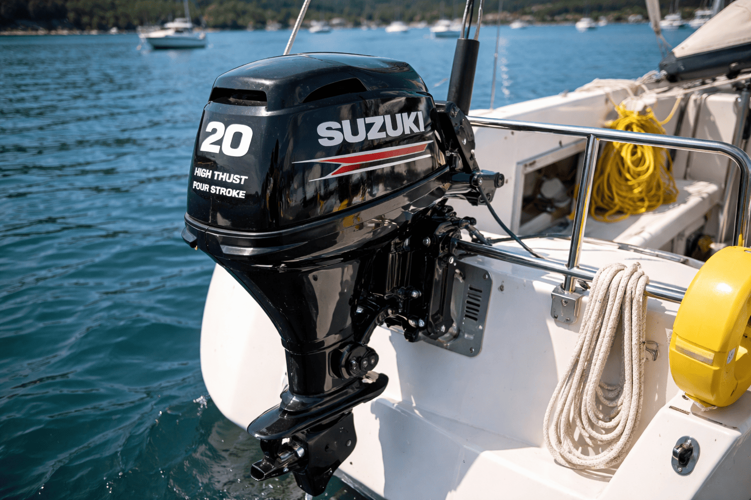 Suzuki high thrust 4-stroke outboard motor on pontoon or sailboat — shop Suzuki high thrust outboards at Boat Engine LLC