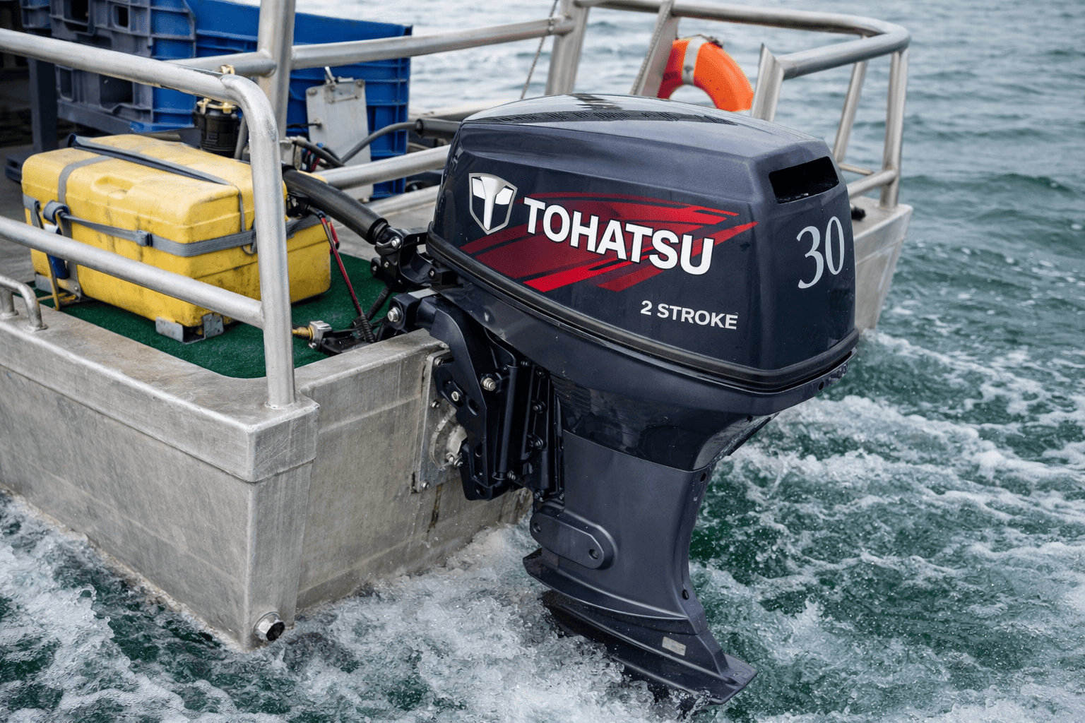 Tohatsu 2-stroke outboard motor on commercial or recreational boat — shop Tohatsu 2-stroke outboards at Boat Engine LLC New York