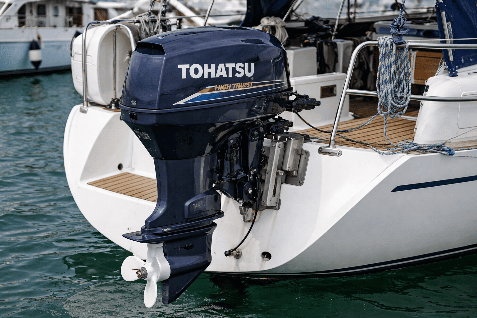 Tohatsu high thrust outboard motor on pontoon or sailboat auxiliary — shop Tohatsu high thrust outboards at Boat Engine LLC
