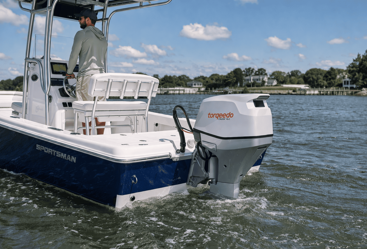 Torqeedo Cruise series electric outboard motor on a center console day boat