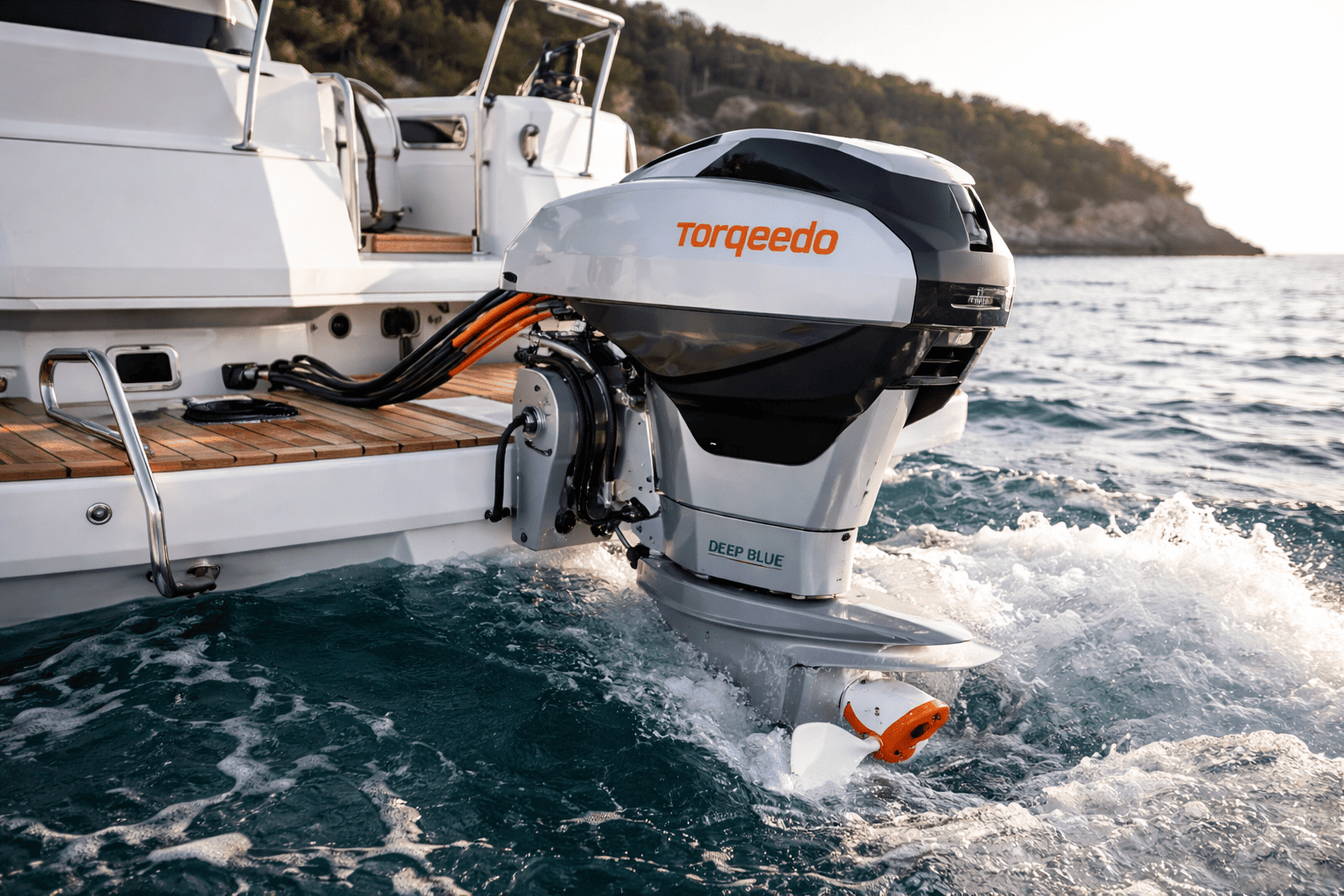 Torqeedo Deep Blue high-performance electric outboard motor on large vessel — shop Deep Blue series at Boat Engine LLC New York