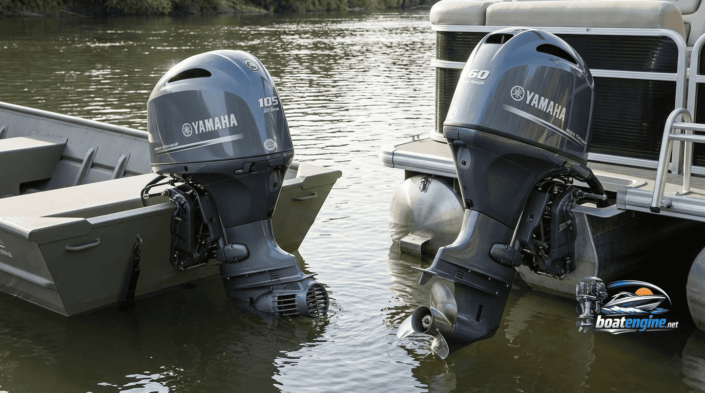 Anglers on a shallow-water skiff with a Yamaha Jet Drive high-thrust outboard — Yamaha Jet Drive outboards for sale at Boat Engine LLC