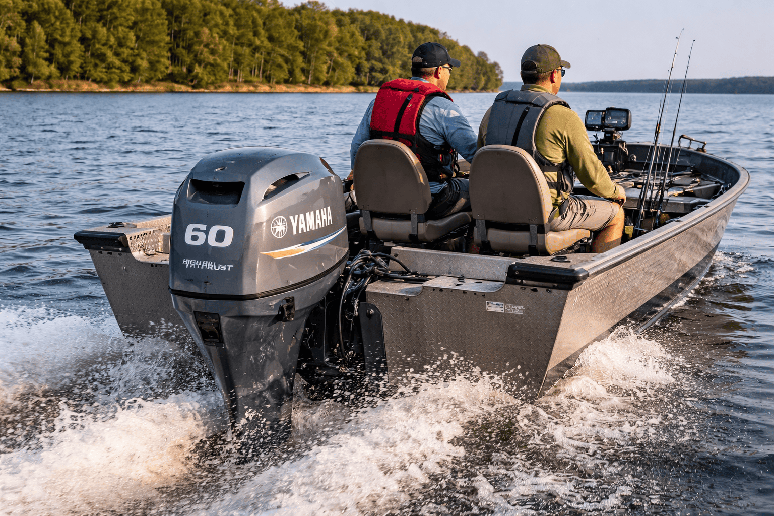 Yamaha high-thrust outboard motor powering aluminum fishing boat at speed — shop Yamaha Jet Drive High Thrust outboards