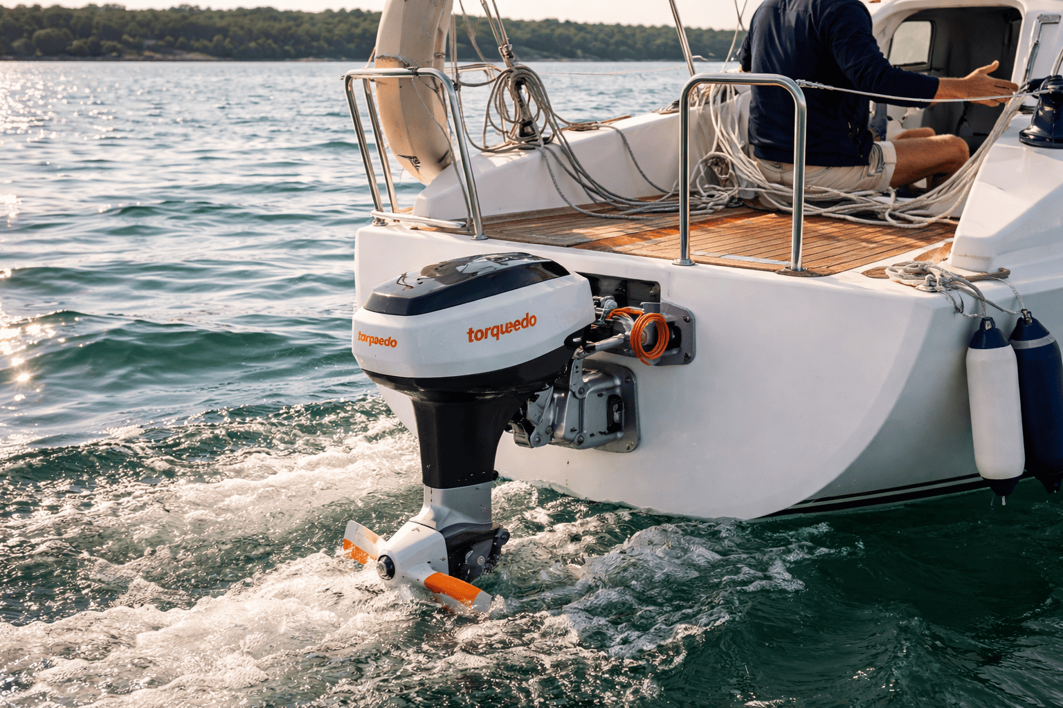 Torqeedo electric outboard motor powering sailboat or day boat — electric outboard motors for sale at Boat Engine LLC New York