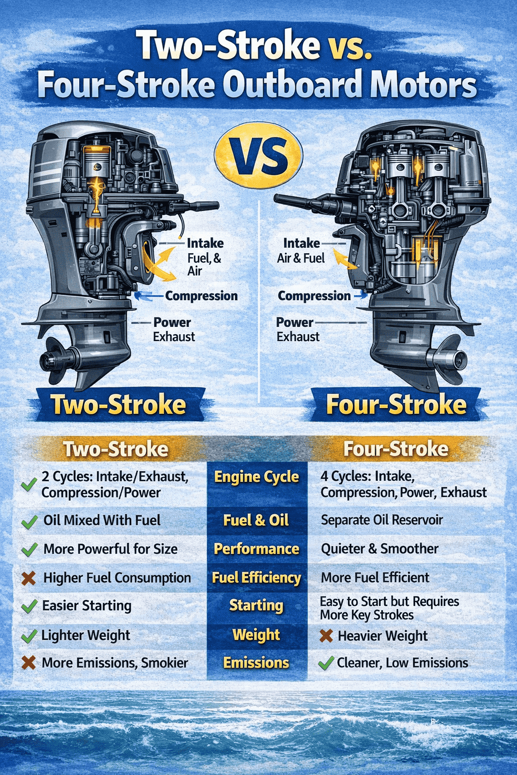 Two stroke and four stroke outboard motors compared — two stroke vs four stroke outboard guide by Boat Engine LLC