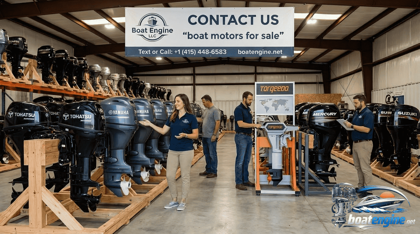 Boat Engine LLC showroom — boat motors for sale including Yamaha, Mercury, Suzuki, Tohatsu and Torqeedo electric outboards in New York