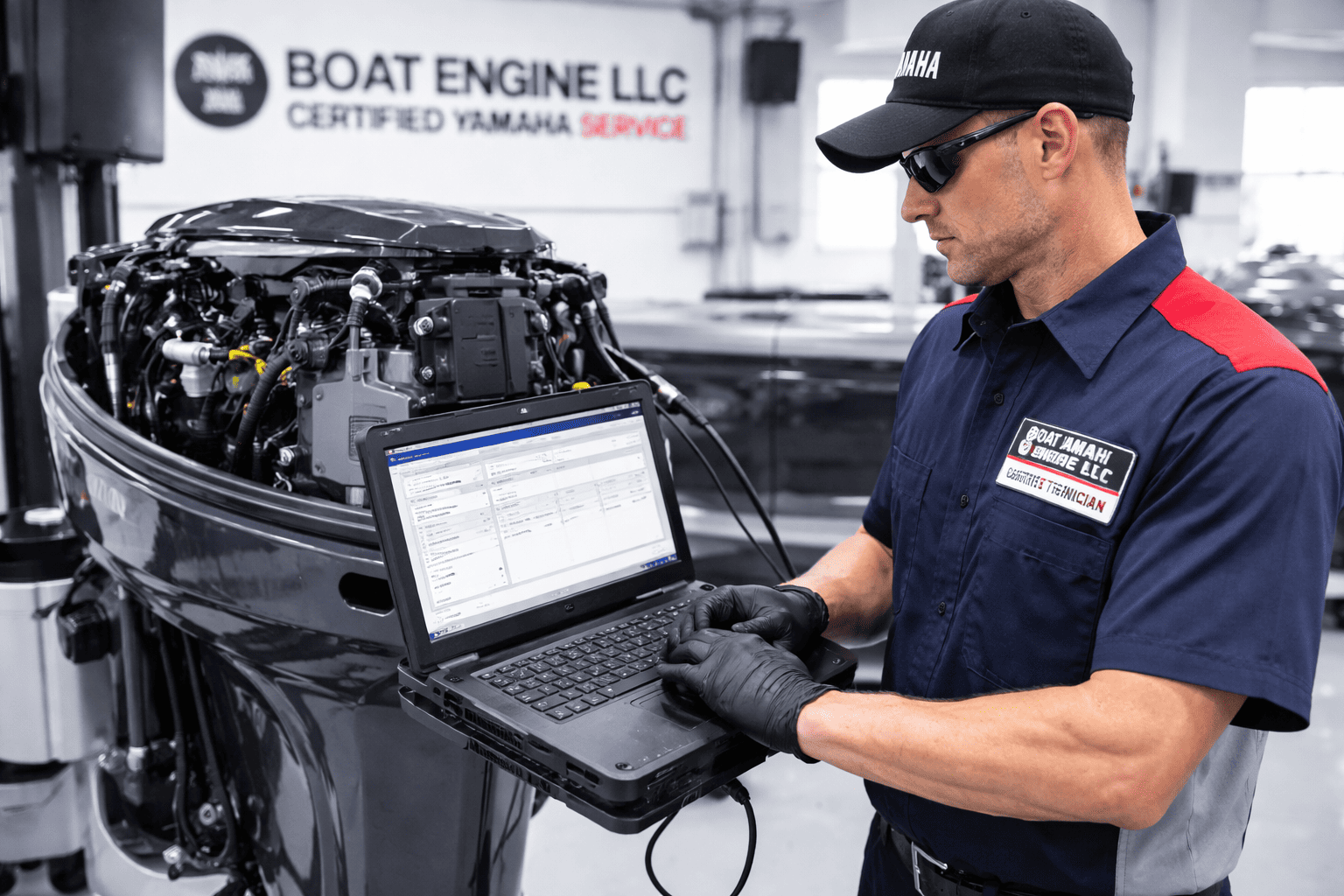 Boat Engine LLC certified Yamaha outboard service technician using YDS diagnostic equipment — New York