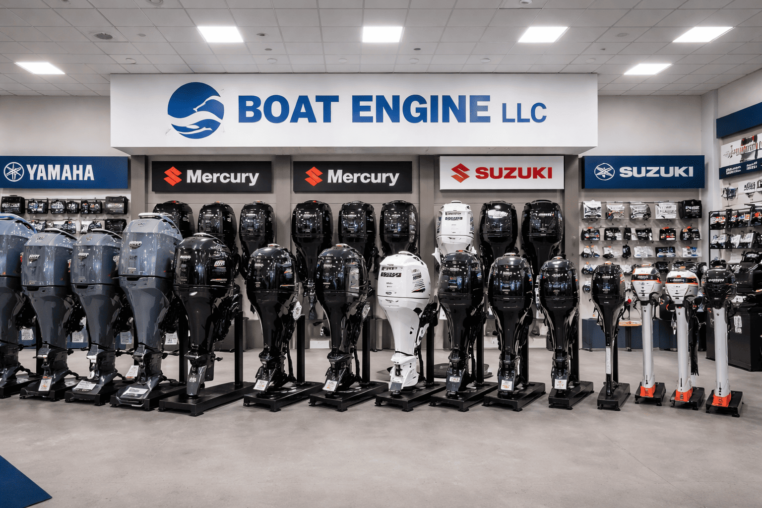 Boat Engine LLC showroom featuring Yamaha outboard motors for sale, Mercury, Suzuki, Tohatsu and Torqeedo electric outboards — New York's boat motors dealer