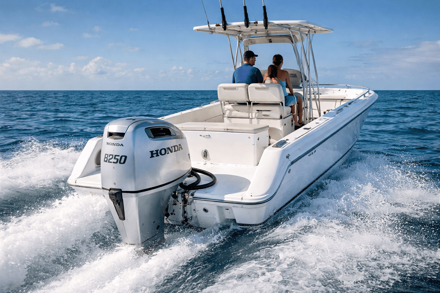Boat powered by Honda BF series 4-stroke outboard motor on open water — Honda outboard motors for sale at Boat Engine LLC New York