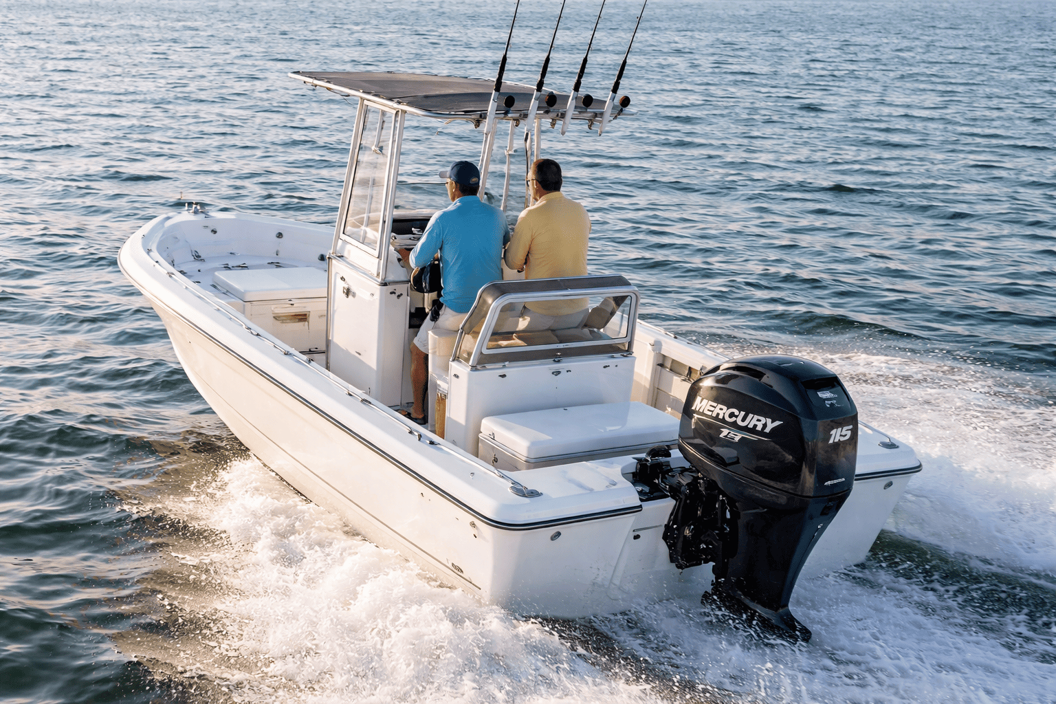 Center console fishing boat powered by Mercury midrange outboard motor — shop Mercury midrange outboards