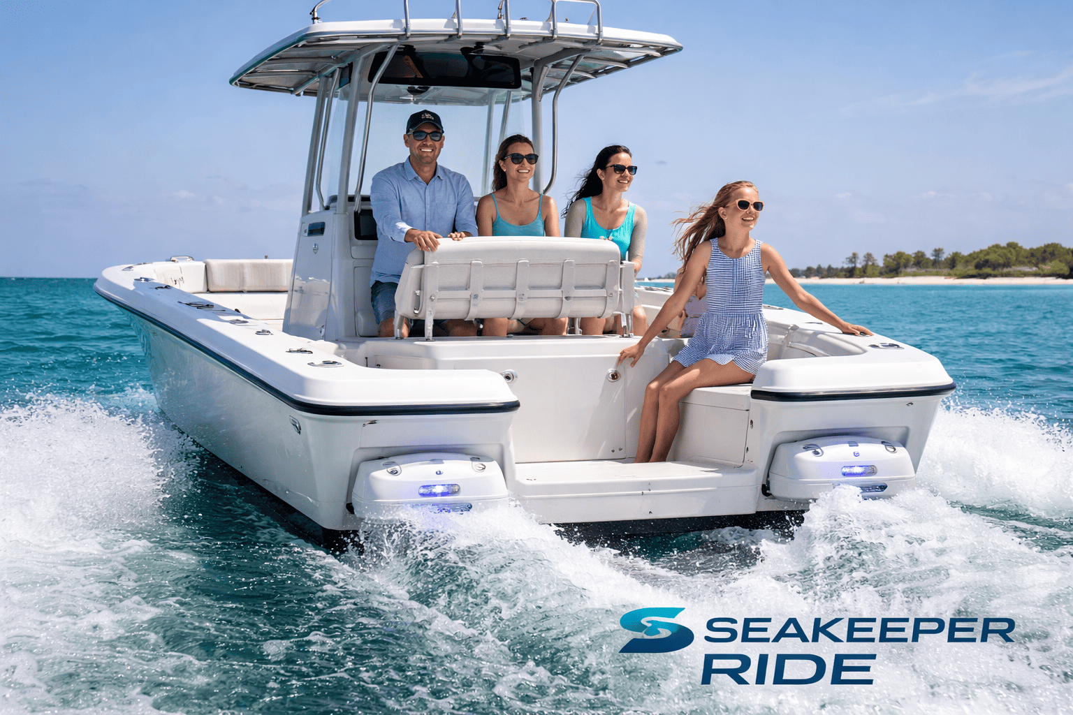 Family on a center-console boat with Seakeeper Ride active ride control system installed — available at Boat Engine LLC