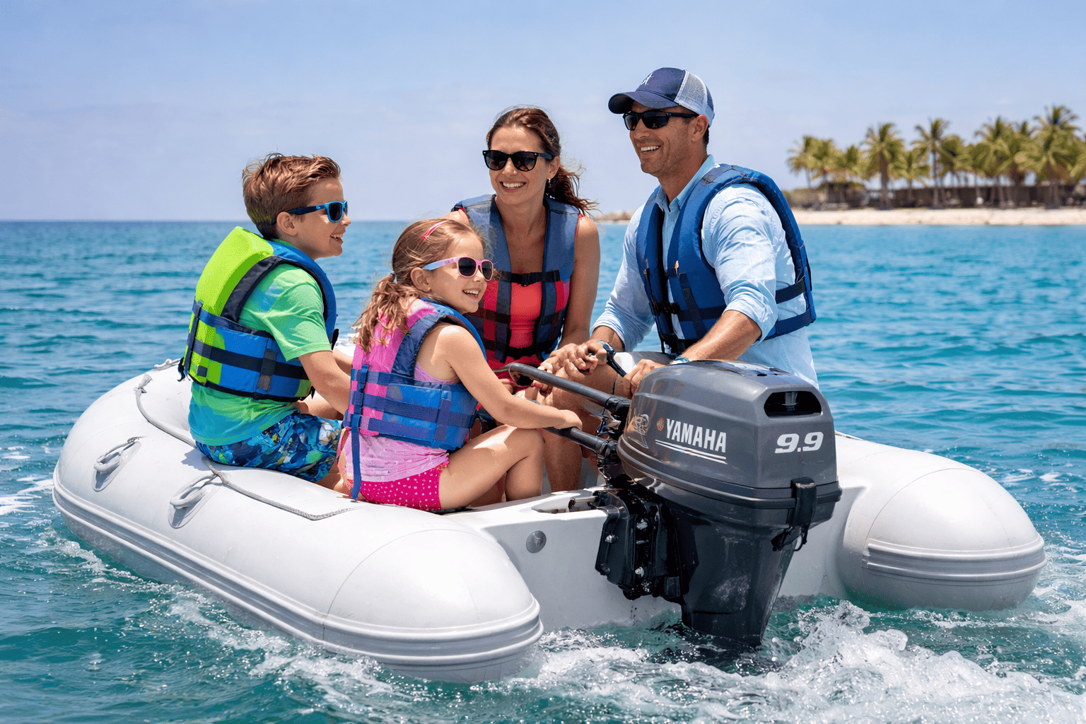 Family sailing with a Yamaha portable 4-stroke outboard motor — Yamaha portable outboards for sale at Boat Engine LLC