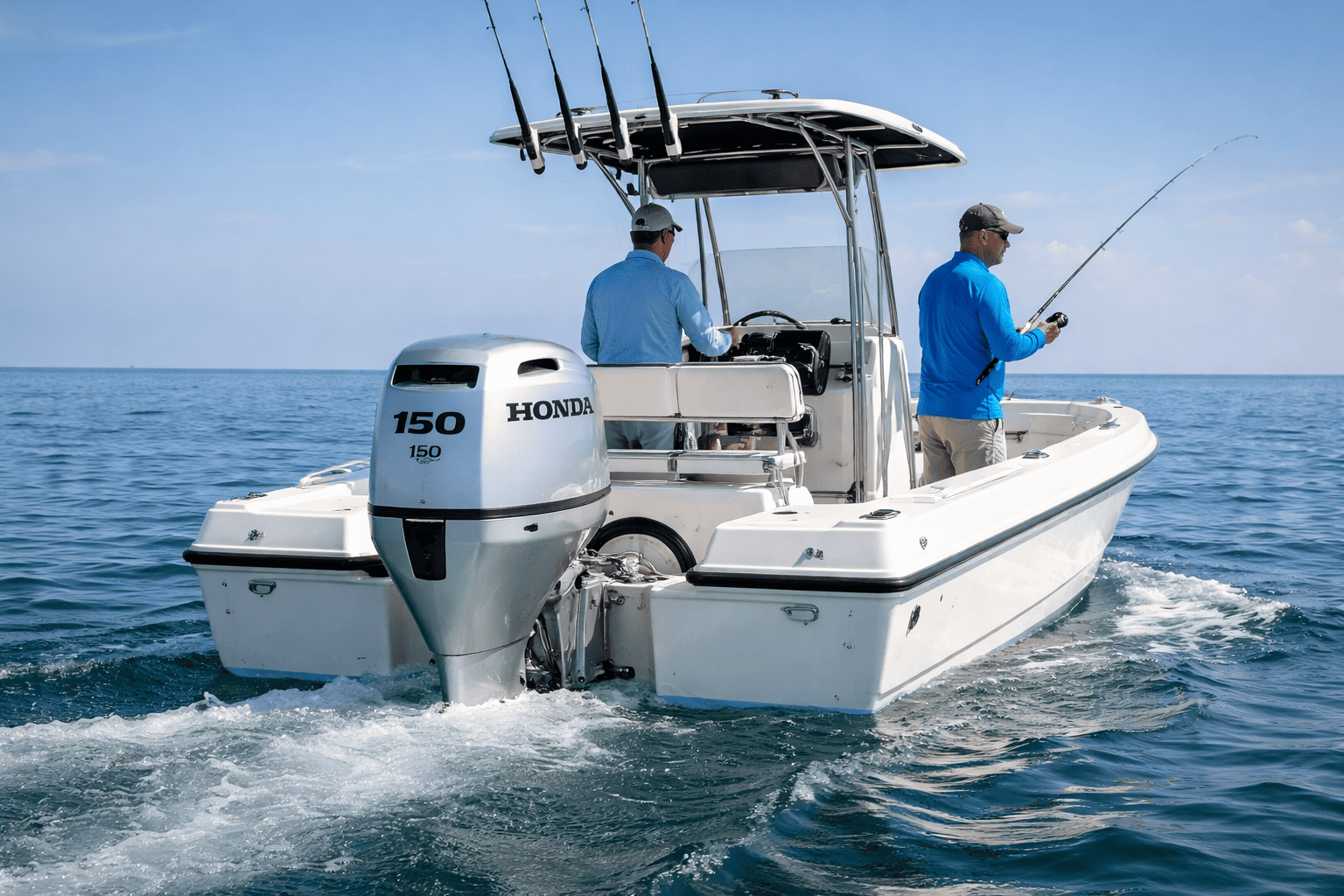 Fishing boat powered by Honda midrange 4-stroke outboard motor — shop Honda midrange outboards at Boat Engine LLC