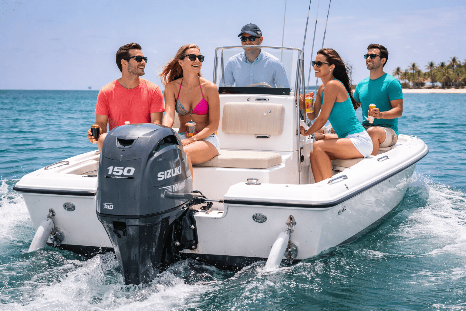 Friends on a bay boat powered by a Yamaha midrange 4-stroke outboard — midrange Yamaha outboards for sale at Boat Engine LLC