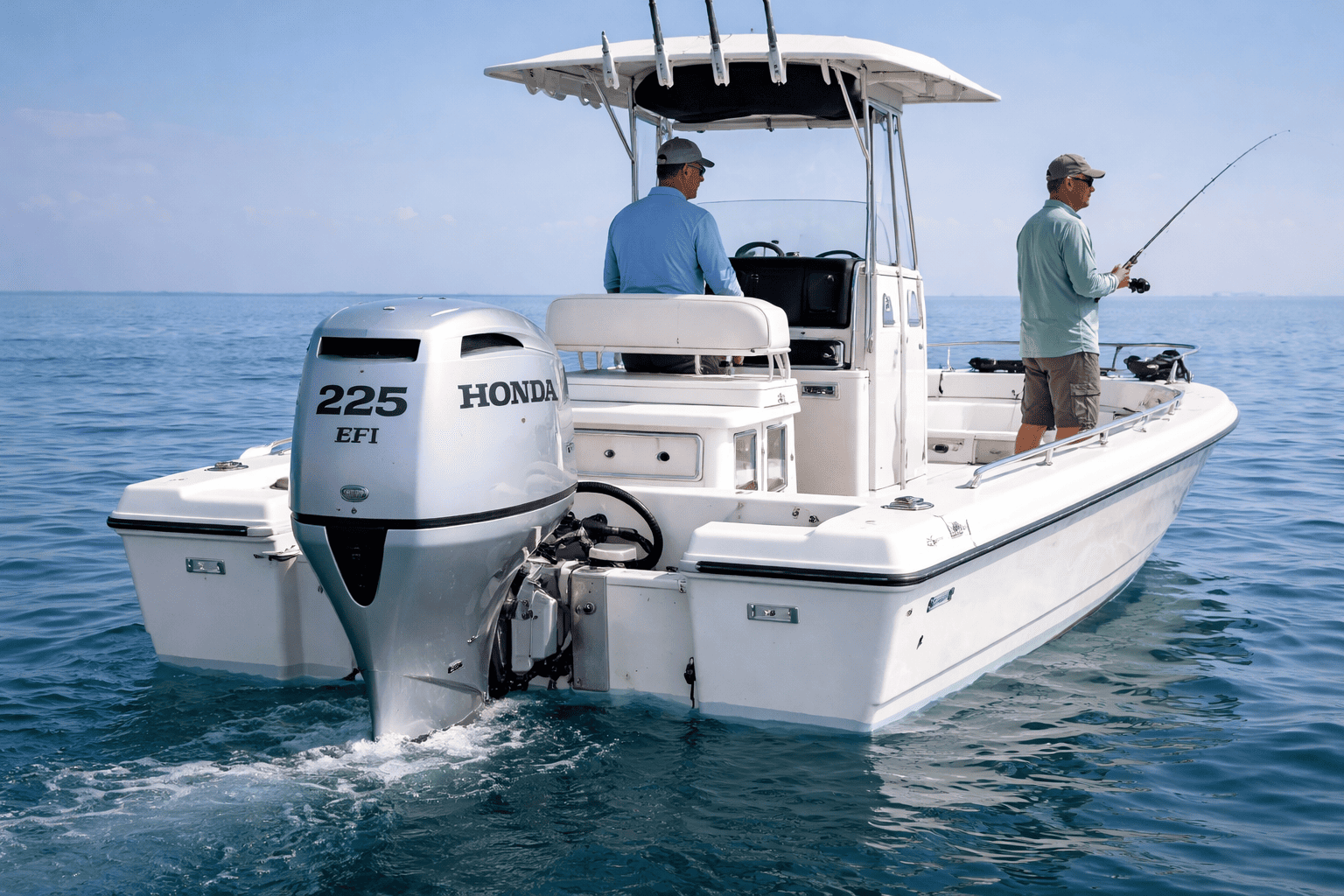 Honda EFI fuel-injected 4-stroke outboard motor on bay boat — shop Honda EFI outboards at Boat Engine LLC New York