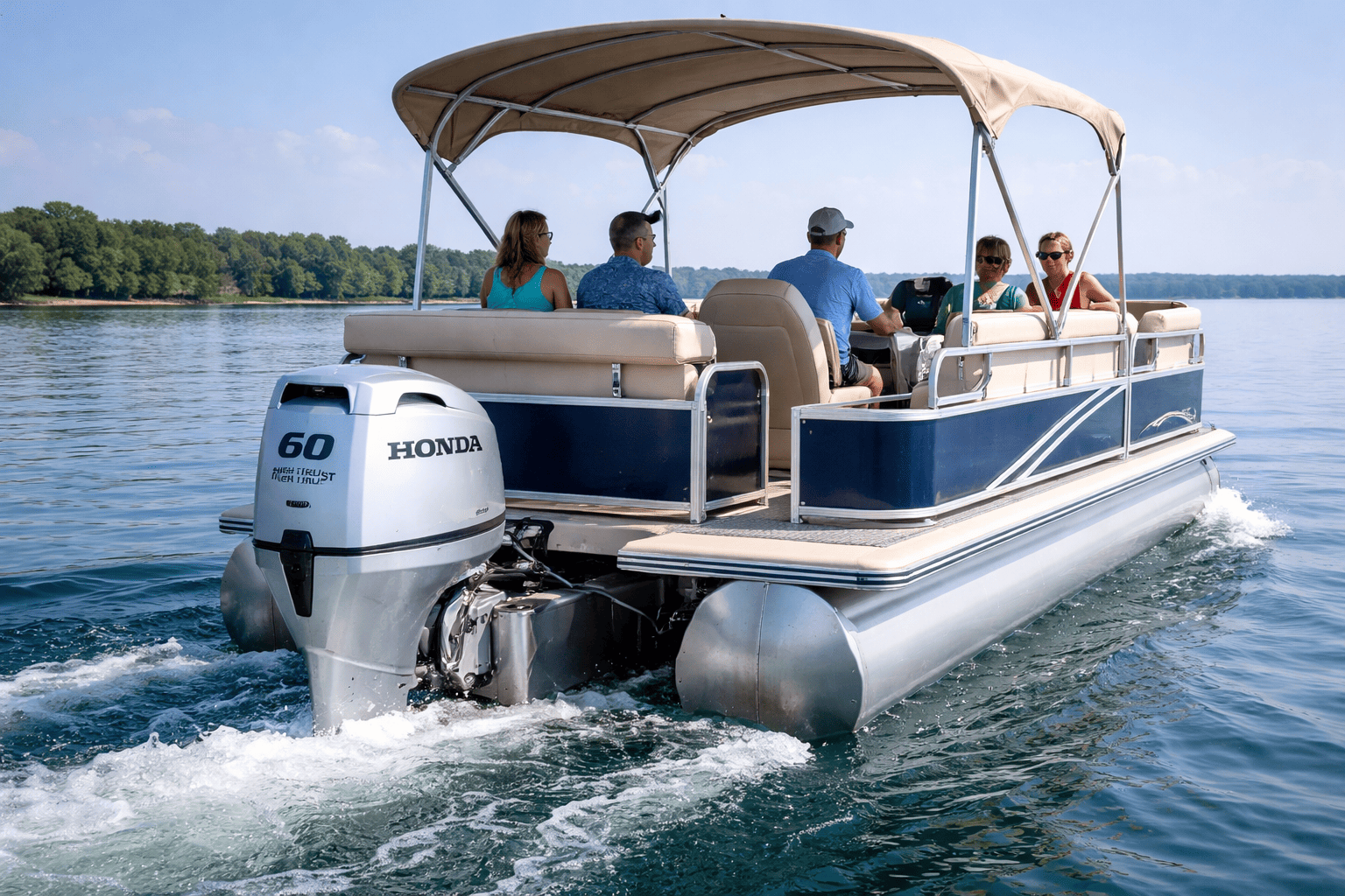 Honda high thrust 4-stroke outboard motor powering pontoon or sailboat — shop Honda high thrust outboards at Boat Engine LLC