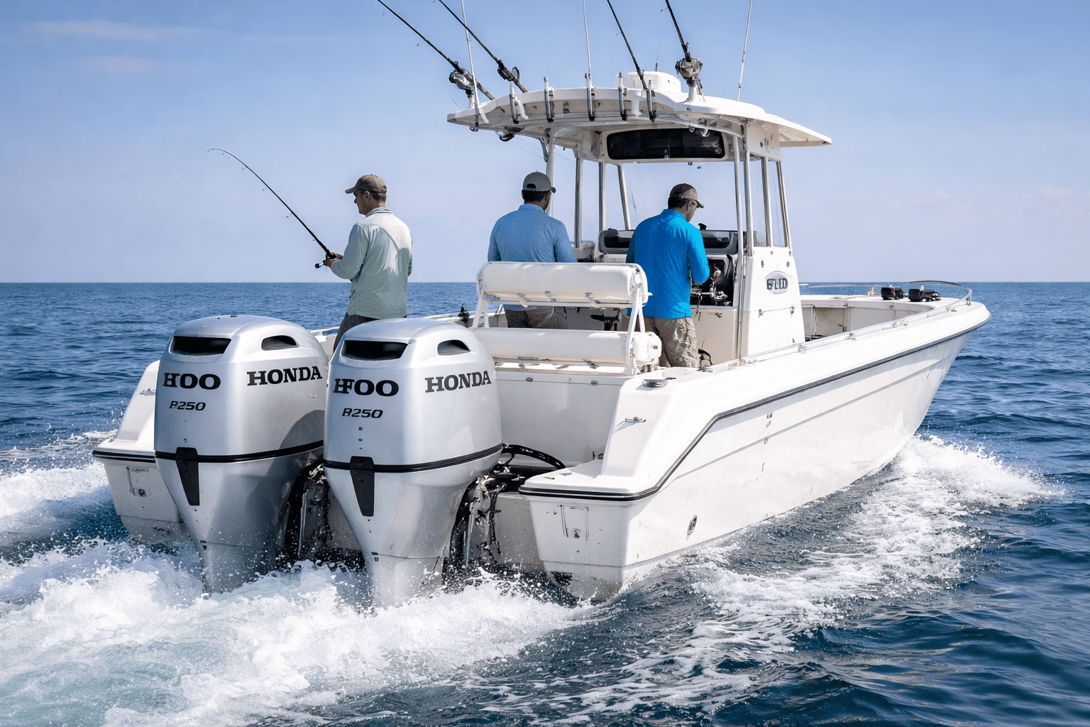 Offshore sportfishing boat powered by Honda BF250 4-stroke outboard motors — shop Honda offshore outboards at Boat Engine LLC New York