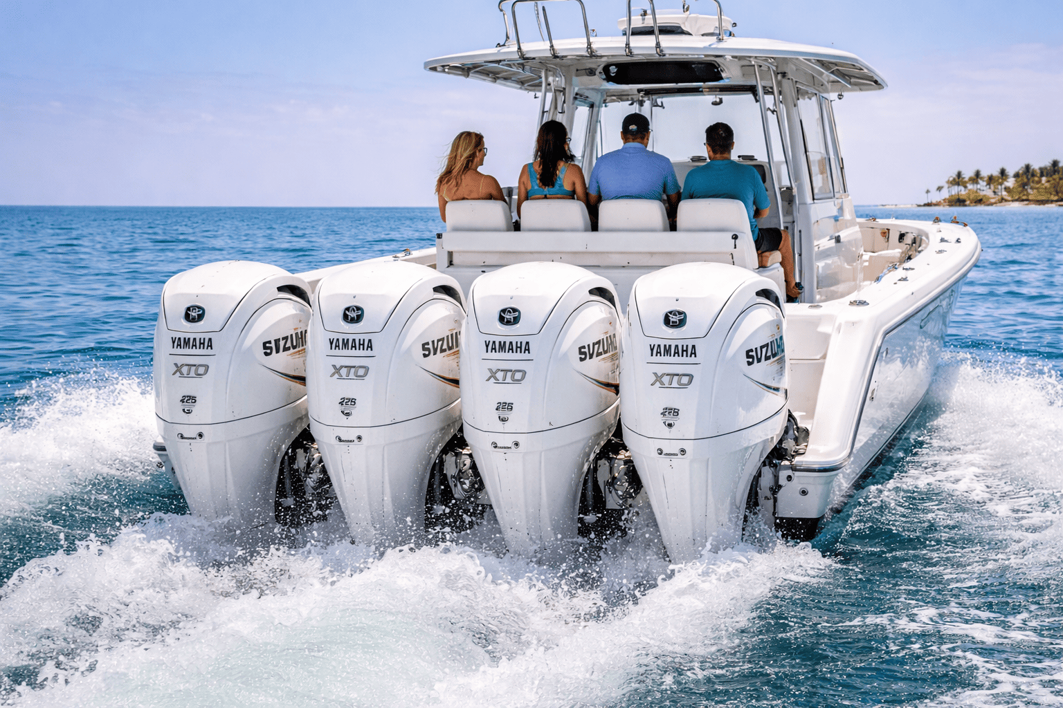 Quad Yamaha XTO offshore outboard motors on a large center-console — Yamaha offshore outboards for sale at Boat Engine LLC