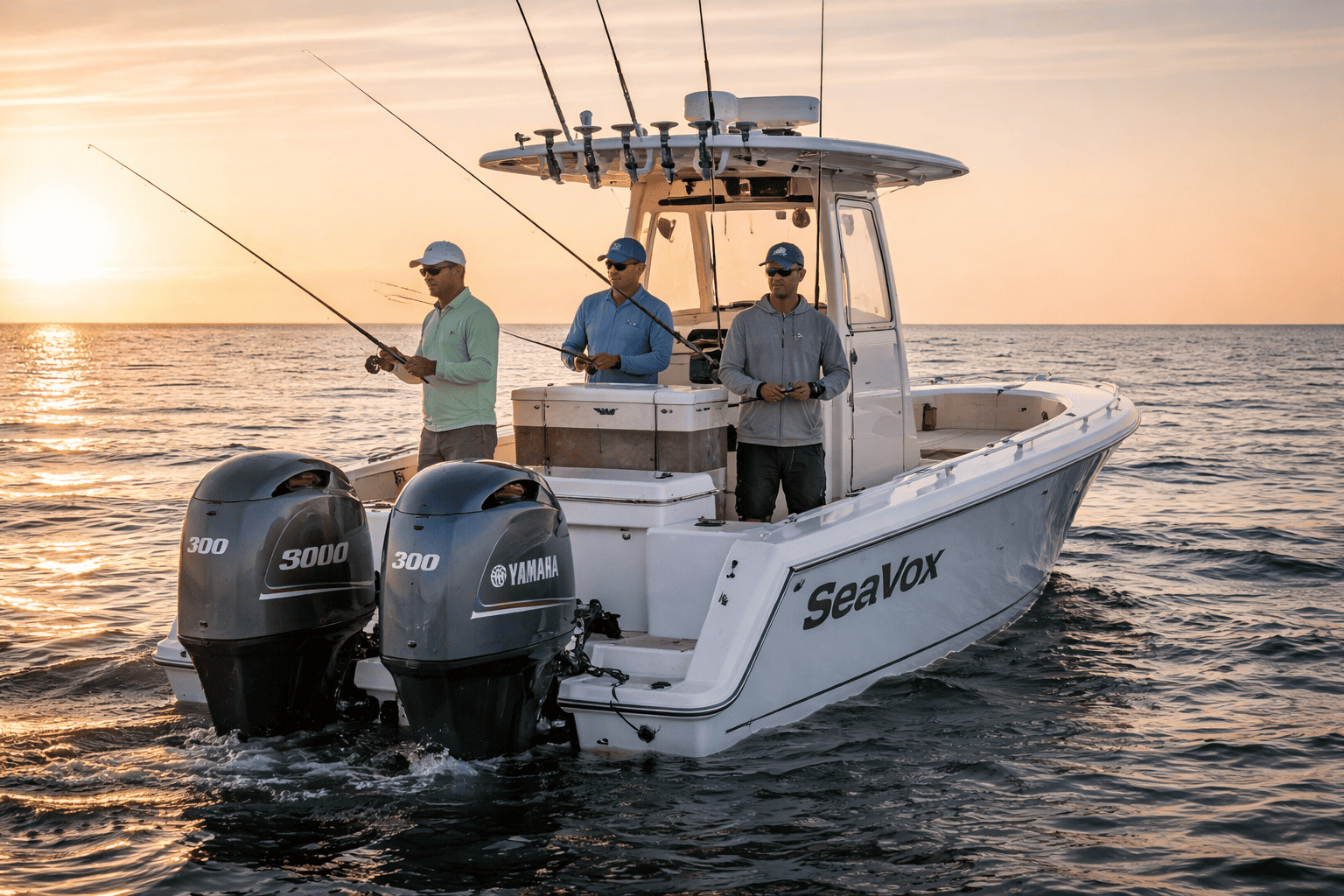 Three anglers on a SeaVox center-console boat with Yamaha outboard motors at golden hour — outboard motors for sale at Boat Engine LLC, New York's Yamaha Pro Elite Dealer