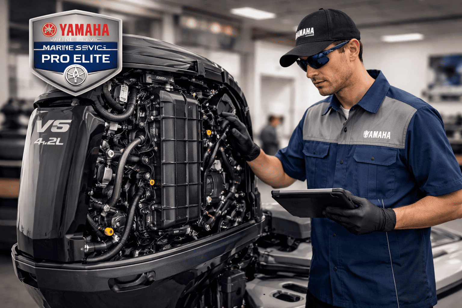 Yamaha Marine Service Pro Elite technician inspecting a V6 4.2L outboard engine — certified Yamaha outboard service at Boat Engine LLC