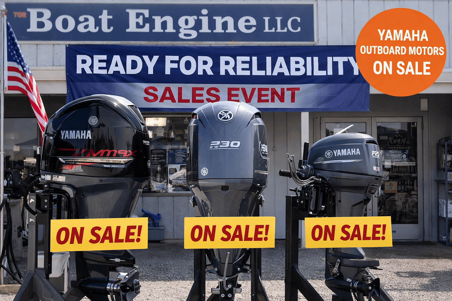Yamaha outboard motors on sale — V MAX SHO, V6 4.2L 300 HP, and F25 portable motors during the Ready for Reliability Sales Event at Boat Engine LLC