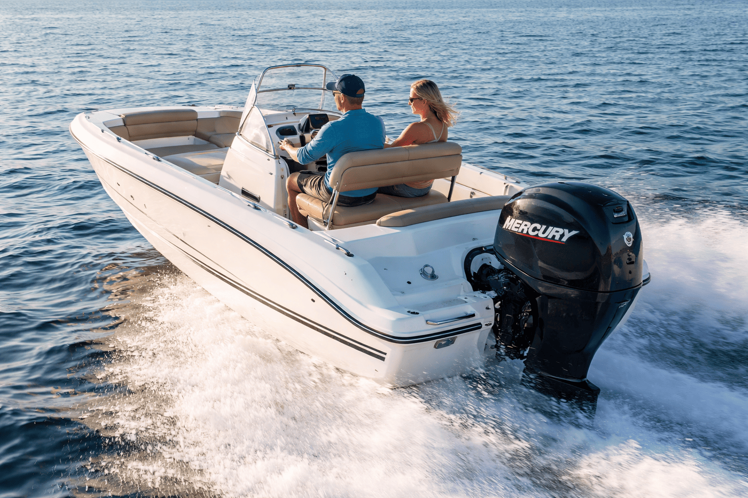 Boat powered by Mercury outboard motor on open water — Mercury outboard motors for sale at Boat Engine LLC New York